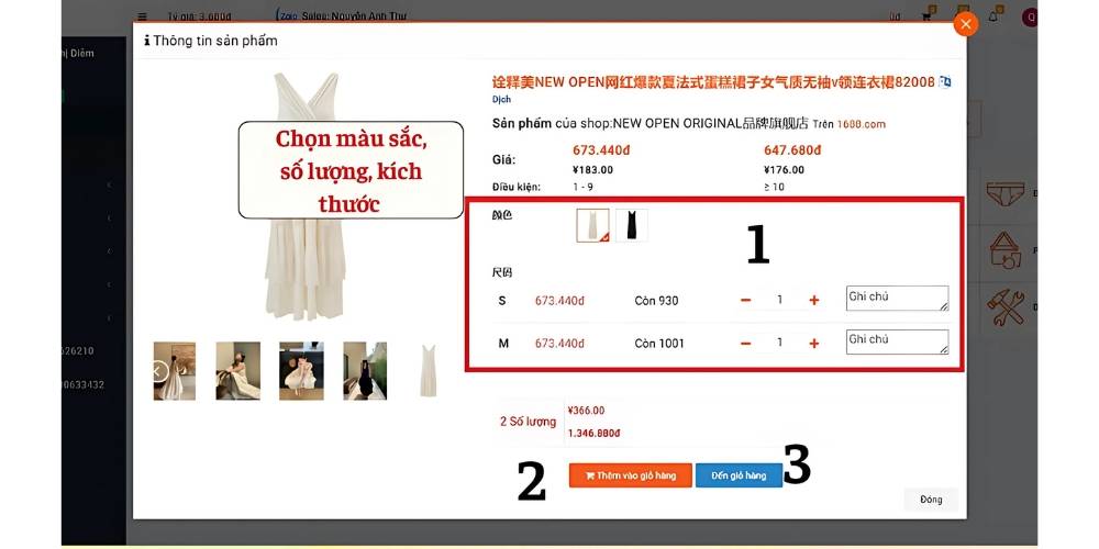 Chọn sản phẩm đặt hàng Taobao với thông số như màu sắc, kích thước và số lượng