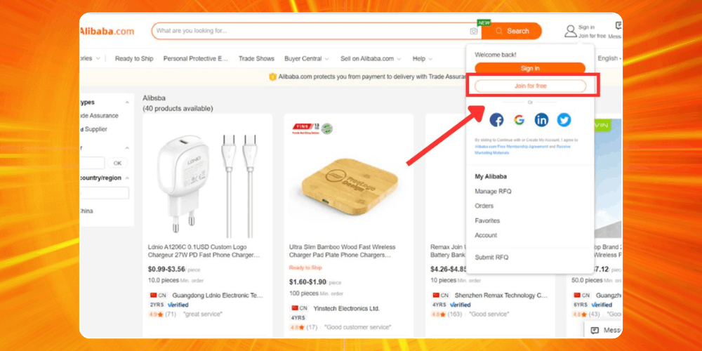 Nhấn đăng nhập tạo tài khoản đặt hàng trên Alibaba