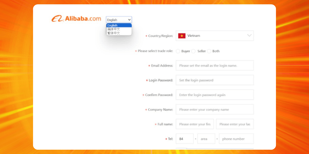 Điền đầy đủ thông tin để tạo tài khoản order Alibaba