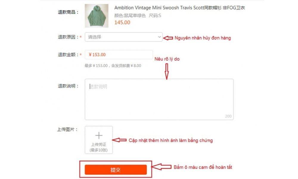 Chọn lý do hủy đơn hàng trên Taobao