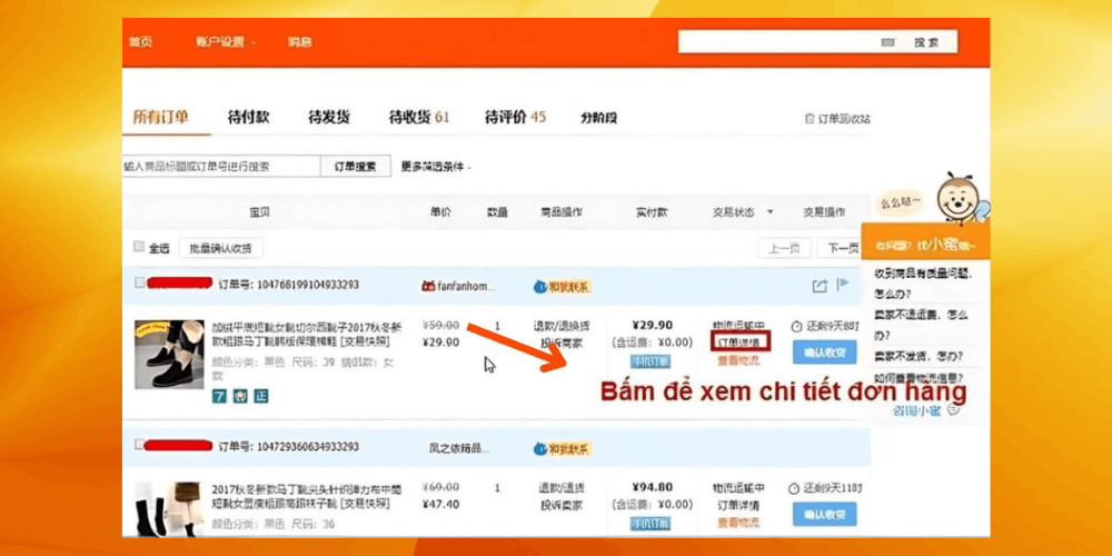Chọn đơn hàng cần kiểm tra mã vận đơn Trung Quốc