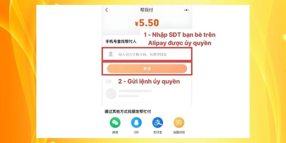 Nhấn “发送” để gửi lệnh uỷ quyền thanh toán Taobao