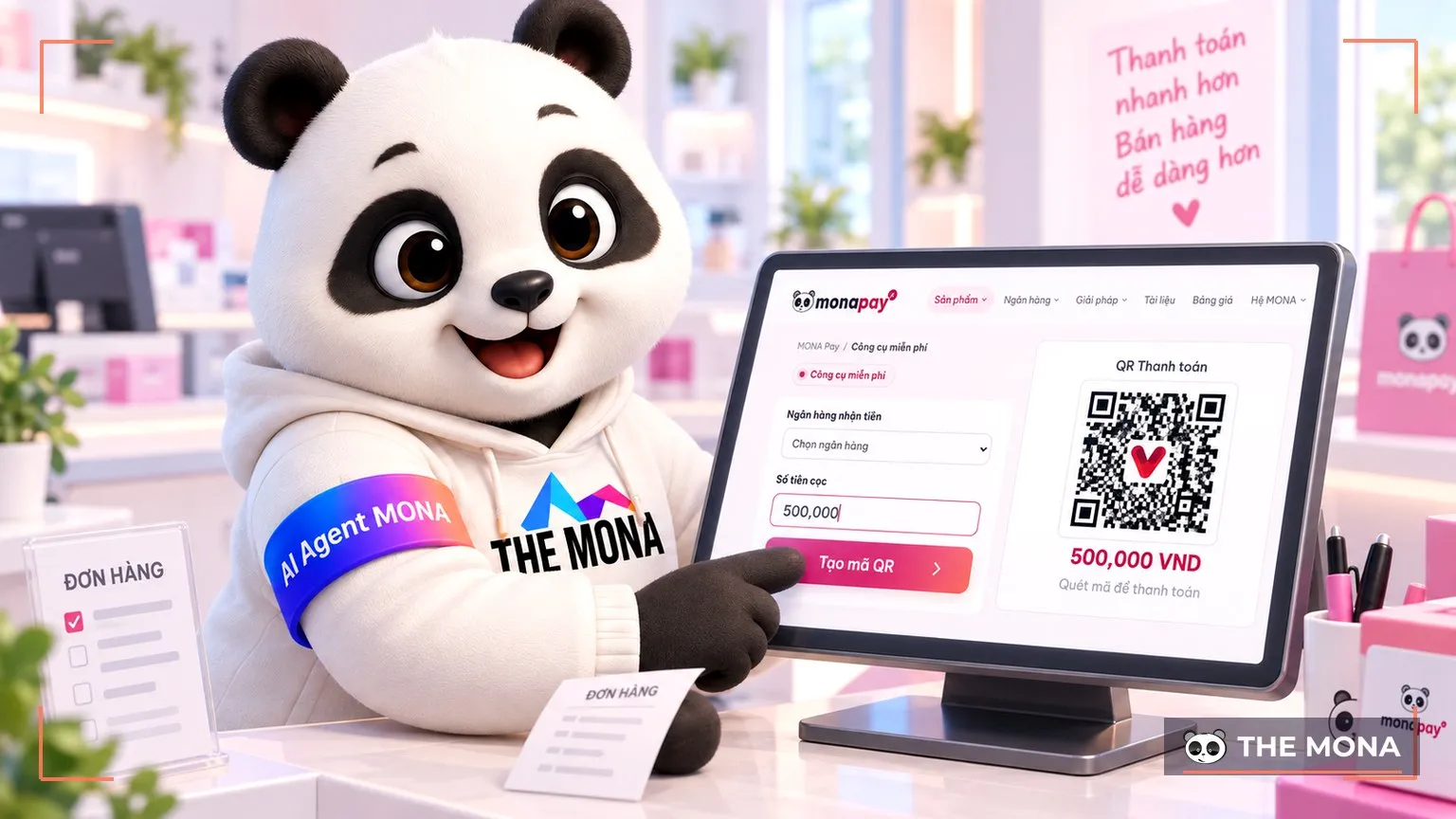 Gấu MONA nhập số tiền cọc vào công cụ tạo QR thật, mã VietQR đúng số