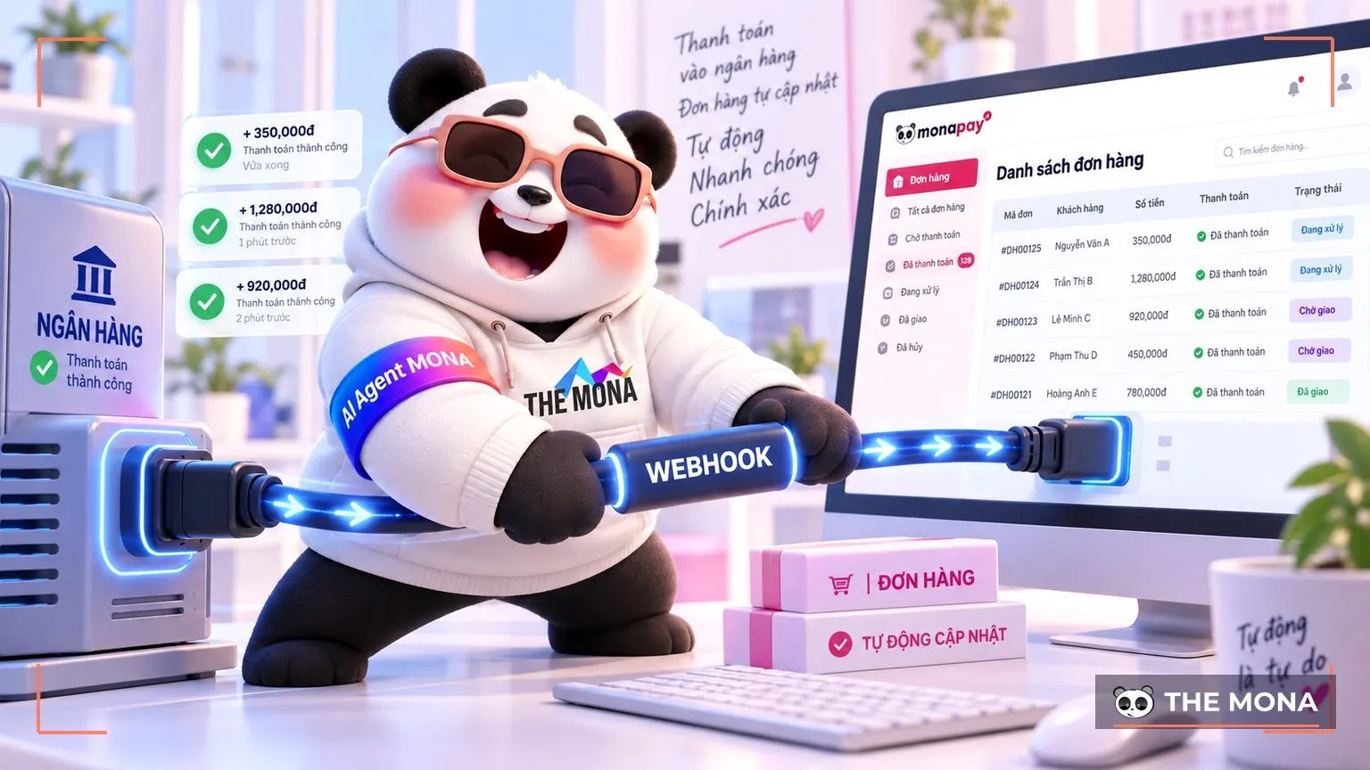Gấu MONA kéo dây webhook từ ngân hàng vào phần mềm quản lý đơn order, trên