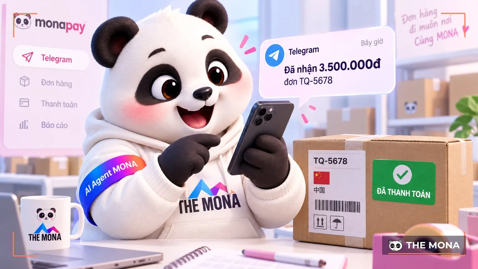 Gấu MONA đọc tin Telegram Đã nhận 3.500.000đ đơn TQ-5678, thùng hàng bên cạnh gắn nhãn