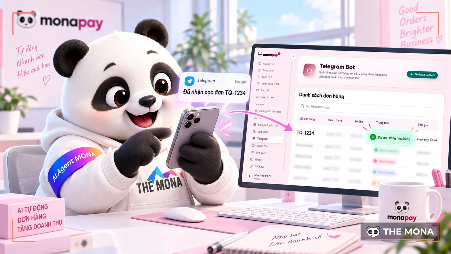 Gấu MONA nhận tin Telegram Đã nhận cọc đơn TQ-1234, đơn nhảy sang Đã cọc, đang